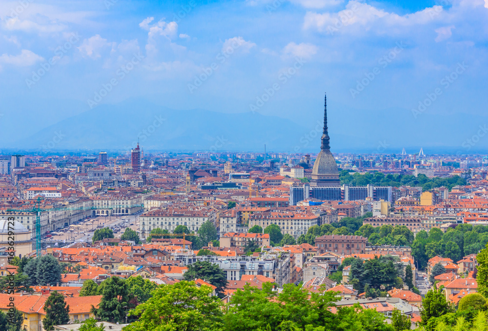a magnificent view of  Turin with the Mole Antonelliana,the architectural symbol of Turin/ The Mole is 167 meters and a half high and is the tallest building in Europe built in 1863. 