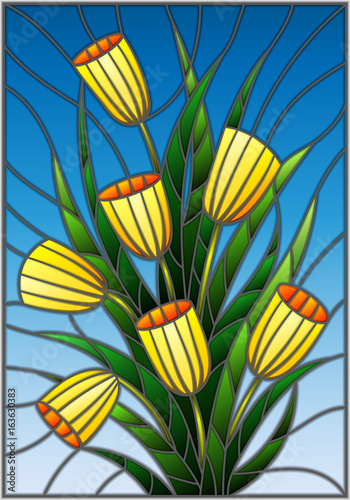 Illustration in stained glass style with a bouquet of yellow tulipson a blue  background photo