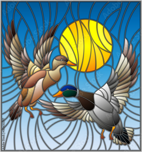 Illustration in stained glass style with a pair of  ducks on the background of the daytime sky and clouds