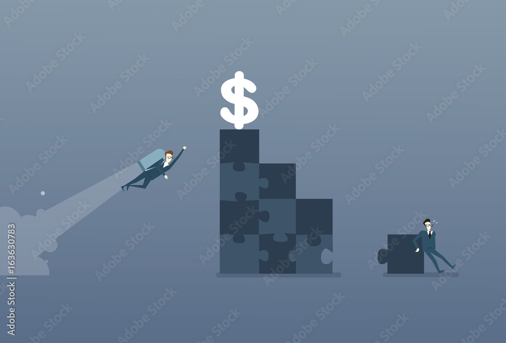 Business Man Solve Puzzle Making Stairs And Flying With Rocket To Dollar Money Success Competition Concept Flat Vector Illustration
