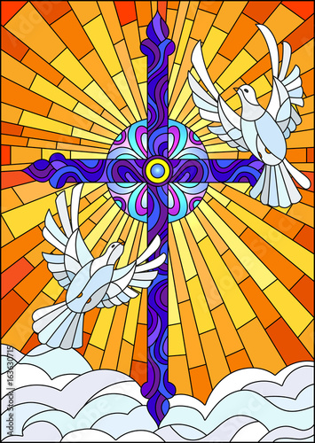 Illustration with a cross and a pair of white doves in the stained glass style