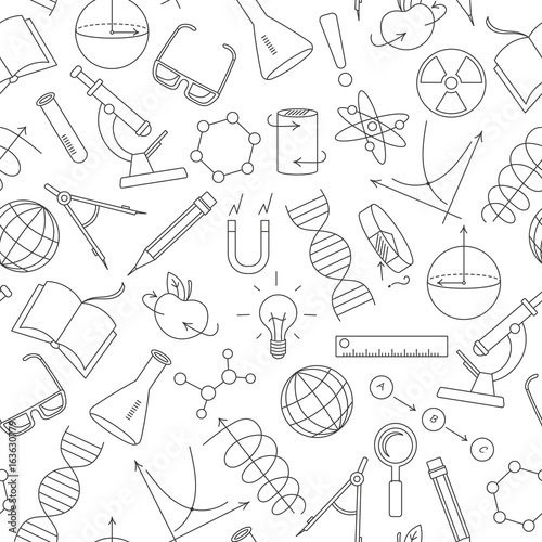 Seamless pattern on the theme of science and inventions, diagrams, charts, and equipment, simple contour icons on white background