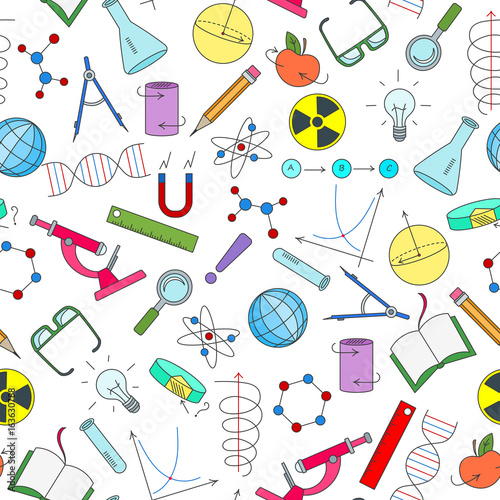 Seamless pattern on the theme of science and inventions, diagrams, charts, and equipment, simple icons on white background