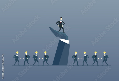 Businessman Standing Up On Big Hand Leader With Business People Group Boss Leadership Concept Flat Vector Illustration