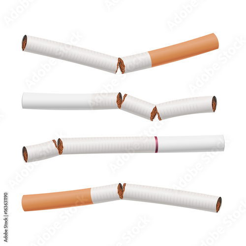 Broken Cigarettes Set Vector. Smoking Kills. Quit Smoking Concept. World No Tobacco Day. Realistic Close-up Illustration. Isolated