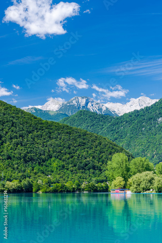 Julian Alps reflection in Most na Soci lake,Slovenia