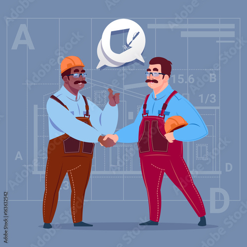 Two Mix Race Builders Shaking Hands Agreement Concept Cartoon Business Man Workman Cooperation Flat Vector Illustration