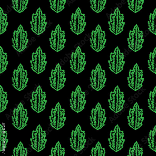 Embroidery stitches imitation seamless pattern with little green leaf