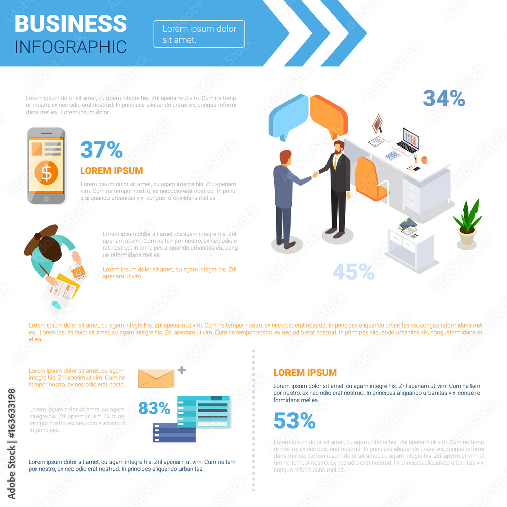 Business Infographics Set With Copy Space For Presentation Meeting Negotiation Concept Flat Vector Illustration