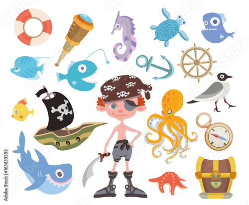 Sea adventure set. Young one-eyed pirate with a sword, treasure chest, shark, octopus and other pirate items. Children's vector illustration, isolated on white background.