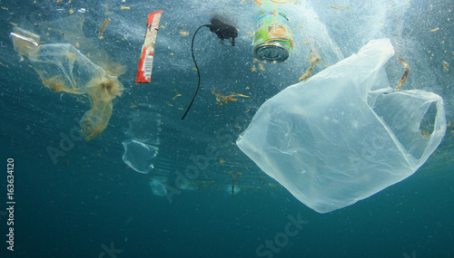 Plastic carrier bags and other garbage pollution in ocean photo