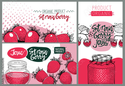 Strawberry party. Set of cute creative card templates with strawberry. Hand Drawn vector backgrounds for cafe or organic shops.
