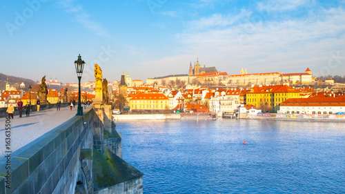 Prague Castle and Charles Bridge in clear and cold morning, Prague, Czech Republic.