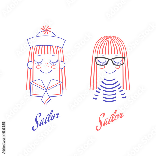 Vector doodles of cute girl faces with long hair, sailor hat and collar, glasses and striped shirt, text Sailor.