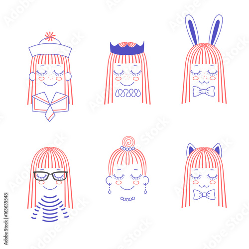 Vector doodles of cute girl faces with long hair, cat and rabbit ears, bow ties, crown, pleated collar, necklace, earrings, sailor hat and collar, striped shirt.
