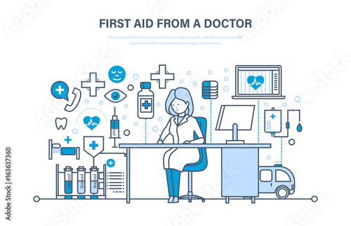 First aid from doctor, modern medicine, medical care, healthcare, insurance.