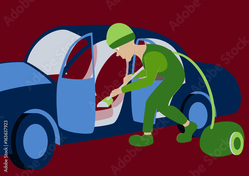 Cleaning car interior vector illustration. Worker making use of vacuum cleaner