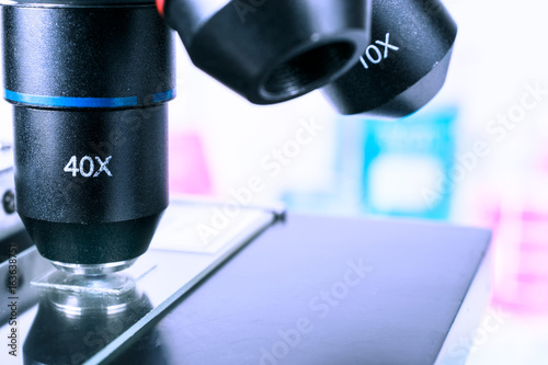 science and clinic background. Close up of microscope in laboratory. 