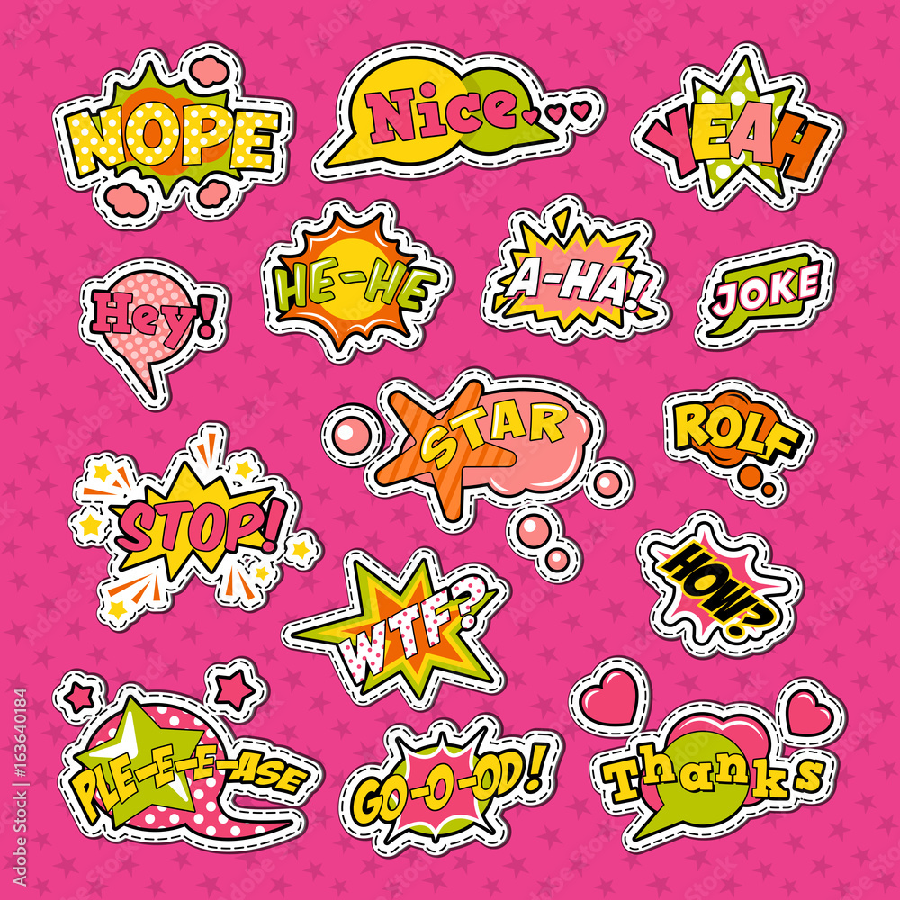 Pop Art Comic Speech Bubbles Set with Funny Text. Chat, Communication Stickers, Badges and Patches. Vector illustration