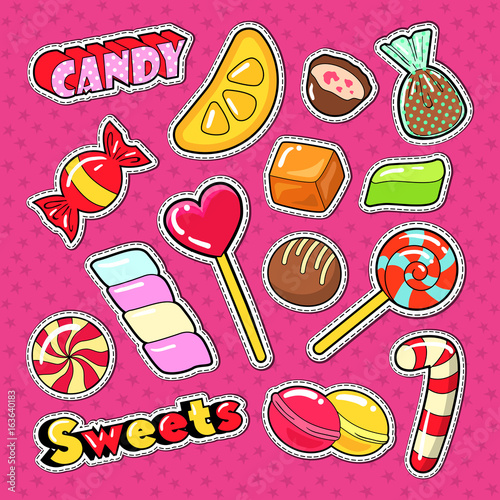 Candies, Chocolate and Sweet Food Stickers, Badges and Patches. Vector illustration