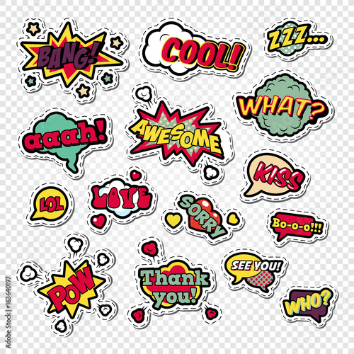Pop Art Comic Speech Bubbles Set with Funny Text. Chat, Communication Stickers, Badges and Patches. Vector illustration