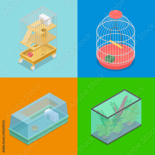 Isometric Pet Carriers with Aquarium and Portable House for Hamster and Bird. Vector flat 3d illustration