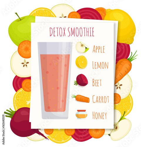 Recipe for detox smoothies. Vector illustration. Dietary cocktail of vegetables and fruits. A delicious drink is healthy. Illustration for restaurants, bars, menu.