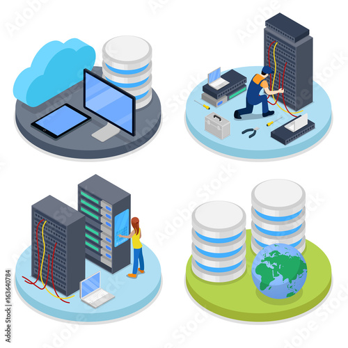 Isometric System Administrator. Server Room. Data Storage. IT Staff. Vector flat 3d illustration