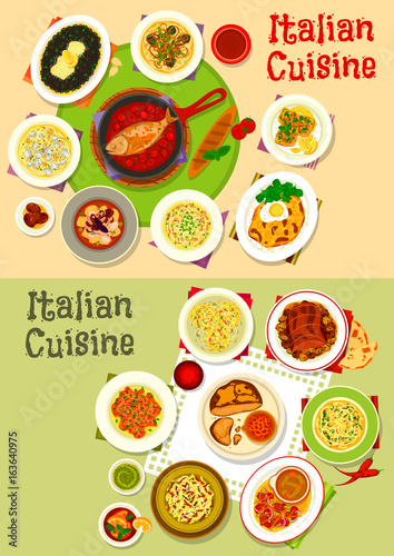 Italian cuisine tasty lunch dishes icon set design