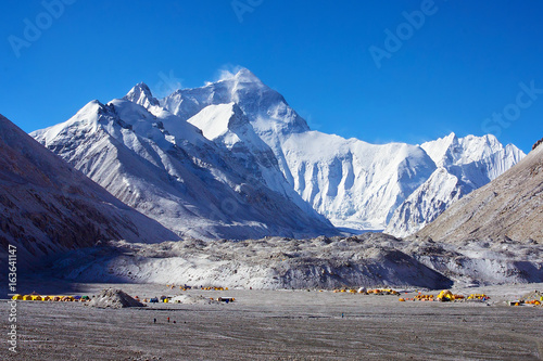 Mount Everest and the Base camp from Tibetan side, Chomolungma, Sagarmatha,  China, Himalaya, Asia.