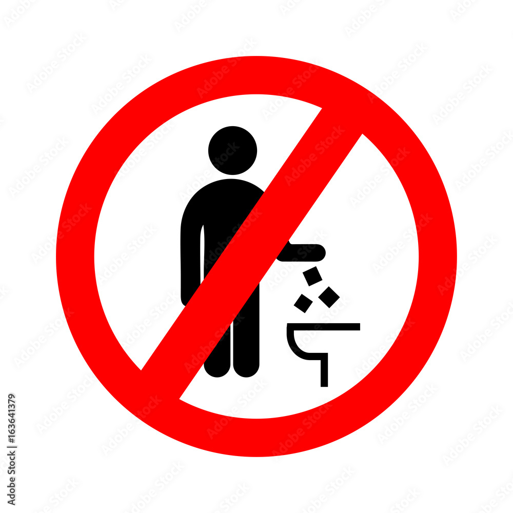 Do not litter in toilet icon. Keep clean sign. Silhouette of a man, throw garbage in a bin, in circle isolated on white background. Vector illustration Do not litter in toilet icon. Keep clean sign. Silhouette of a man, throw garbage in a bin, in circle isolated on white background. Vector illustration