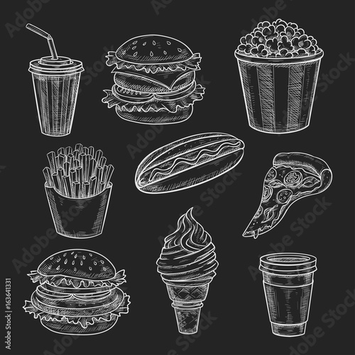 Fast food lunch meal chalk sketch on blackboard