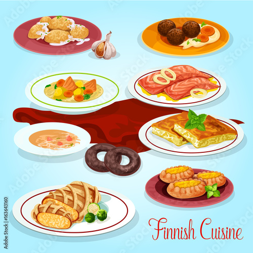 Finnish cuisine dinner dishes icon for menu design