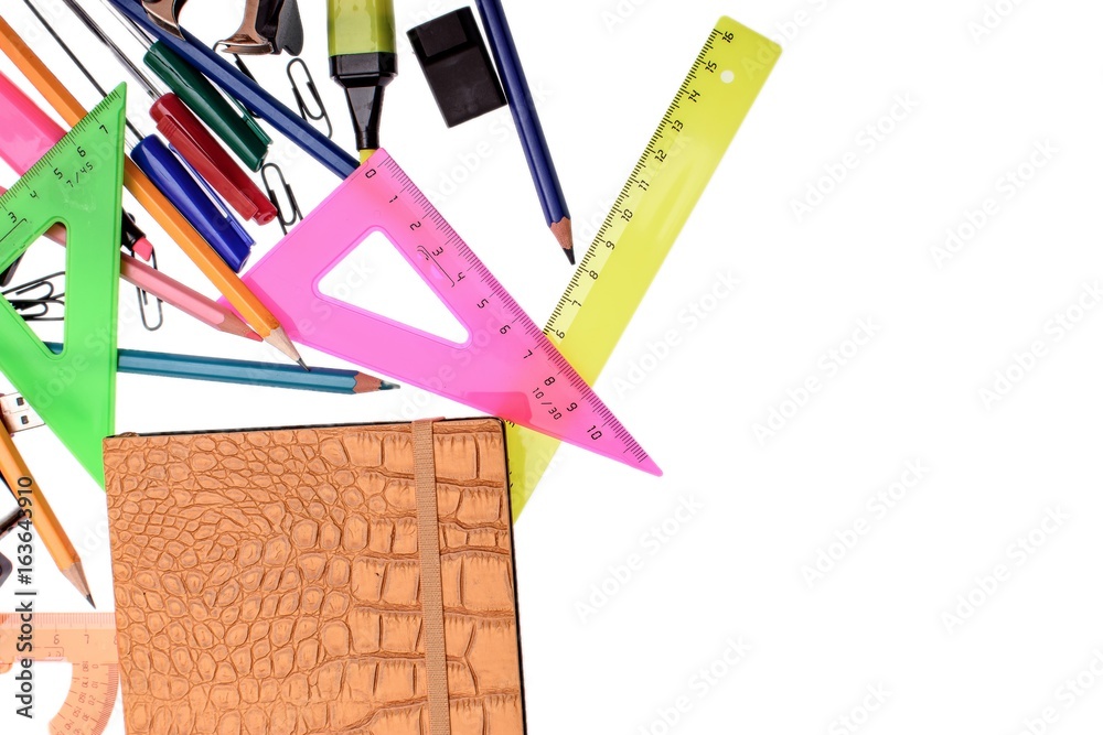 Fototapeta premium Office supplies pen pencil ruler, isolated on white background