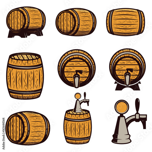 Set of hand drawn wood barrels isolated on white background. Design elements for logo, label, emblem, sign. Vector illustration