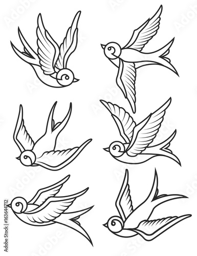 Set of swallow tattoo templates isolated on white background. Bird icons. Vector illustration. © liubov