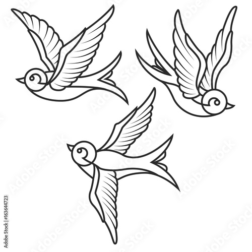 Set of swallow tattoo templates isolated on white background. Bird icons. Vector illustration.