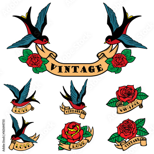 Set of tattoo templates with swallows and roses. Old school tattoo. Vector illustration