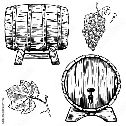Set of wooden wine barrels. Grape, grape leaf. Design elements for logo, label, emblem, sign. Vector illustration
