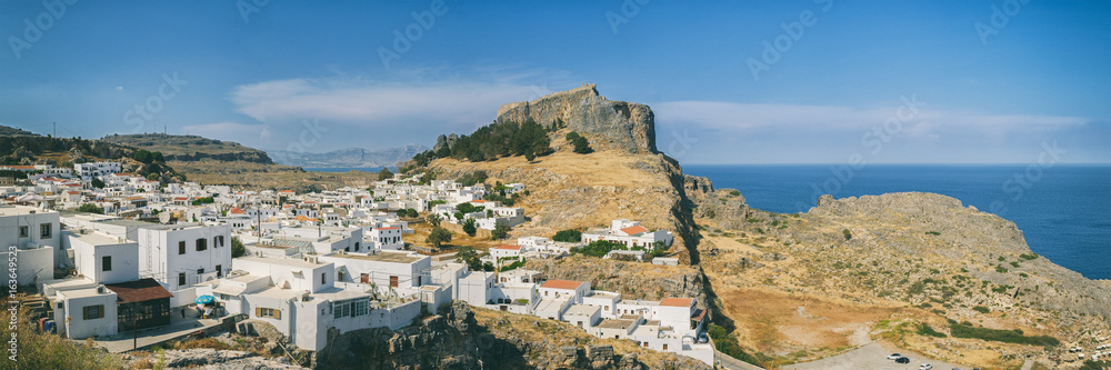 Panoramic view of the ancient city of Lindos on the Island of Rhodes in Greece.