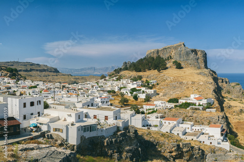 Panoramic view of the ancient city of Lindos on the Island of Rhodes in Greece.