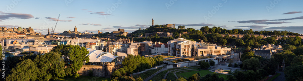 Panoramic view of Holyrood Park with the skyline of Edinburgh, Scotland, UK