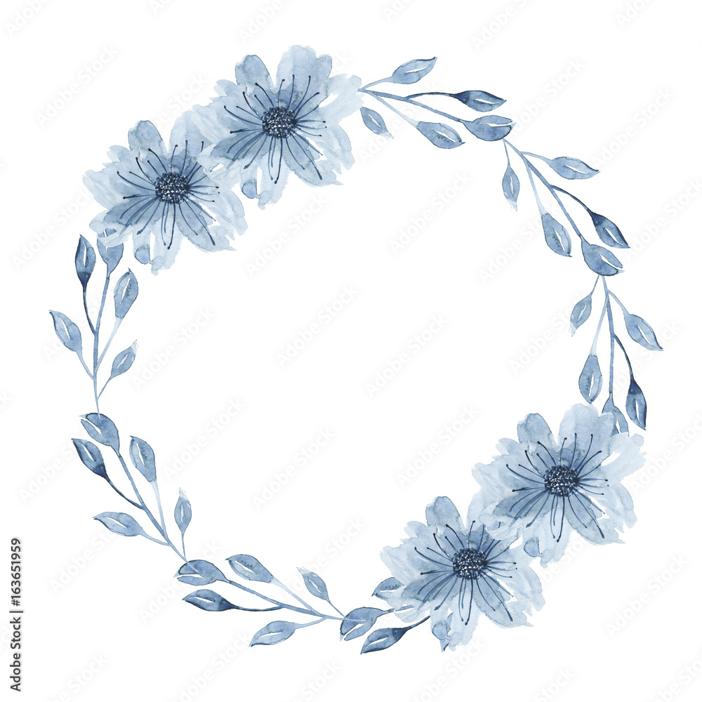 Fototapeta premium Watercolor indigo floral wreath with twig, flowers, branch and abstract leaves