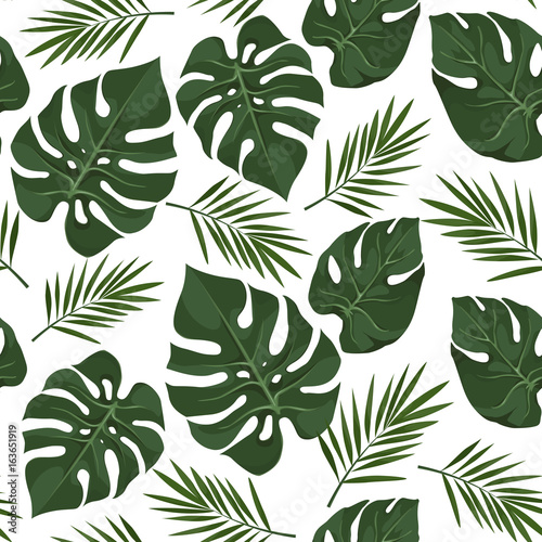 Vector seamless pattern with tropical leaves. Jungle style background. Trendy tropical concept. 