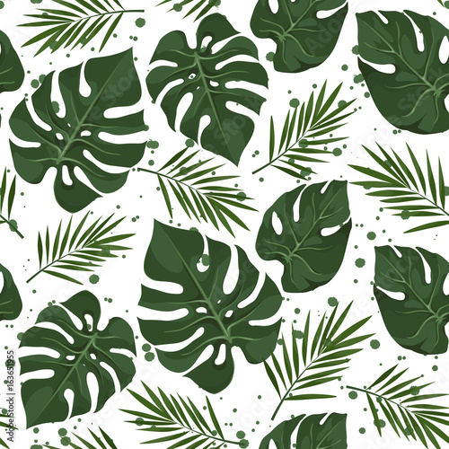 Vector seamless pattern with tropical leaves with splashes. Jungle style background. Trendy tropical concept. 
