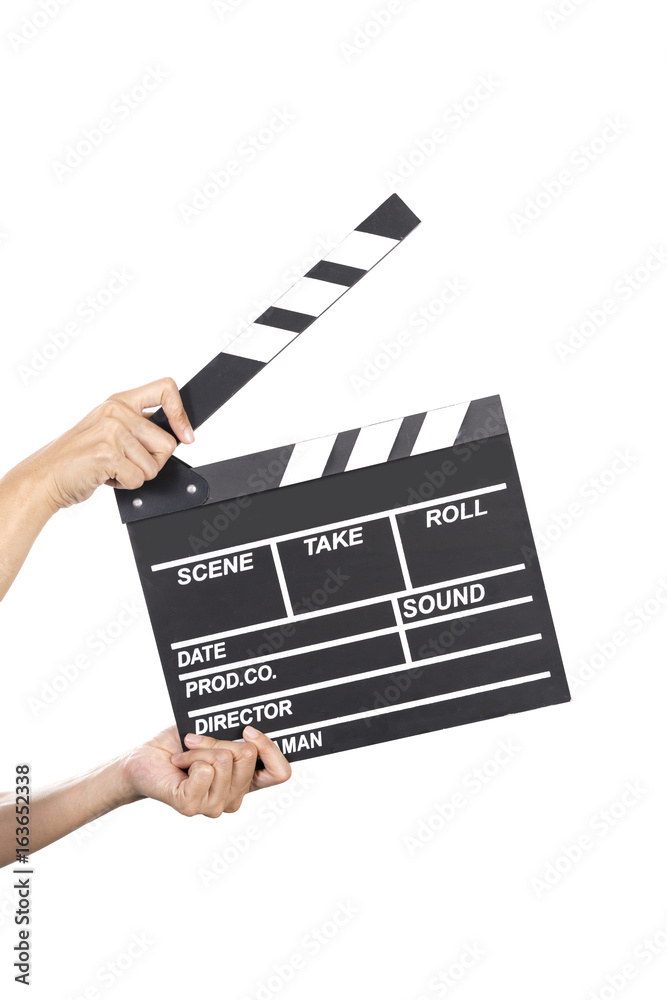 woman hold movie clapper on isolated and white background
