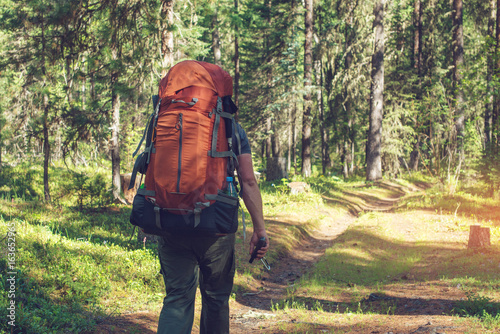 Healthy Active man with backpack hiking in beautiful mountain forest in the summer in the sun