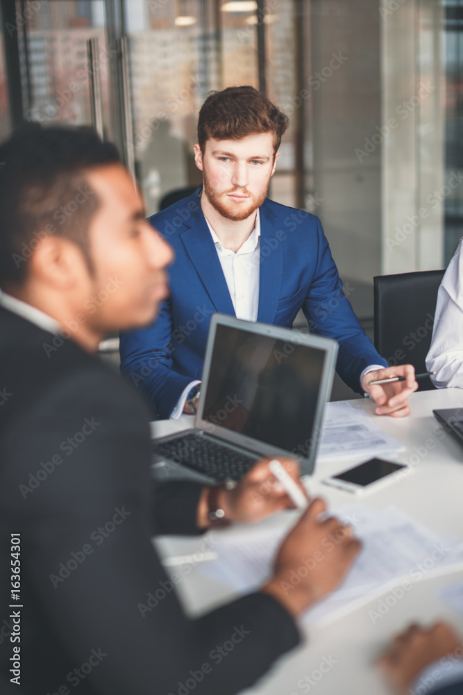 Group Young Coworkers Making Great Business Decisions.Creative Team Discussion Corporate Work Concept Modern Office.Startup Marketing Idea Presentation.Woman Touching Digital Laptop.Top View.Vertical