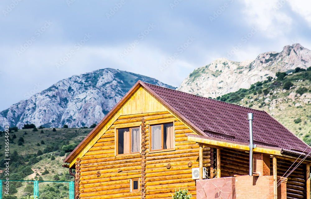 A log house in the mountains with a metal roof A log house in the mountains with a metal roof
