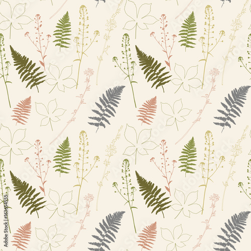 Floral vector seamless pattern with fern leaves, shepherd's purse plant, ches...